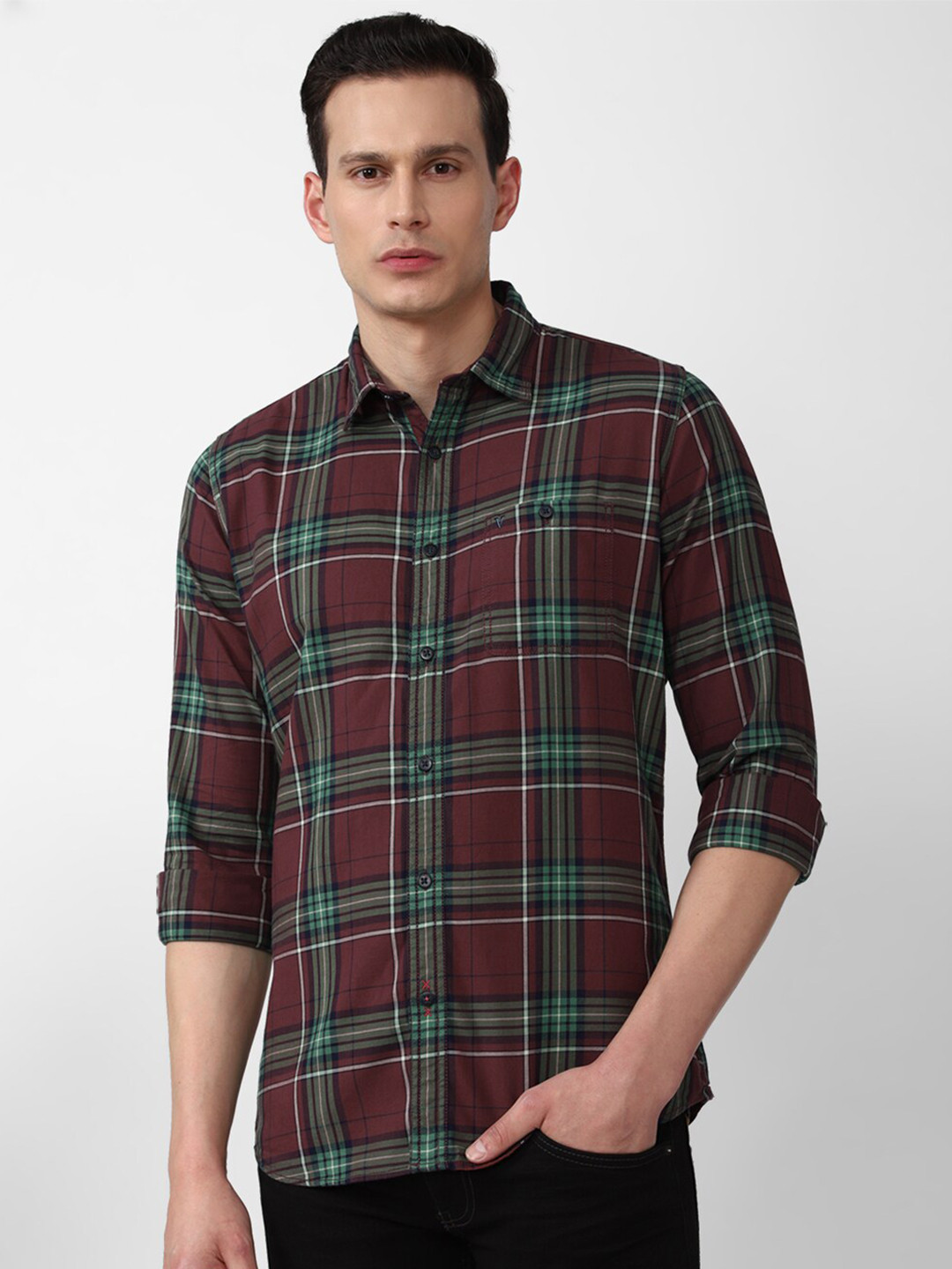 

VAN HEUSEN DENIM LABS Men Maroon Slim Fit Checked Casual Shirt