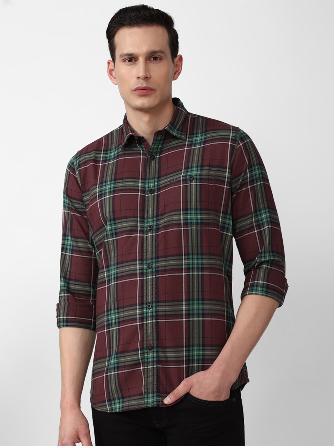 

VAN HEUSEN DENIM LABS Men Maroon Slim Fit Tartan Checks Checked Casual Shirt