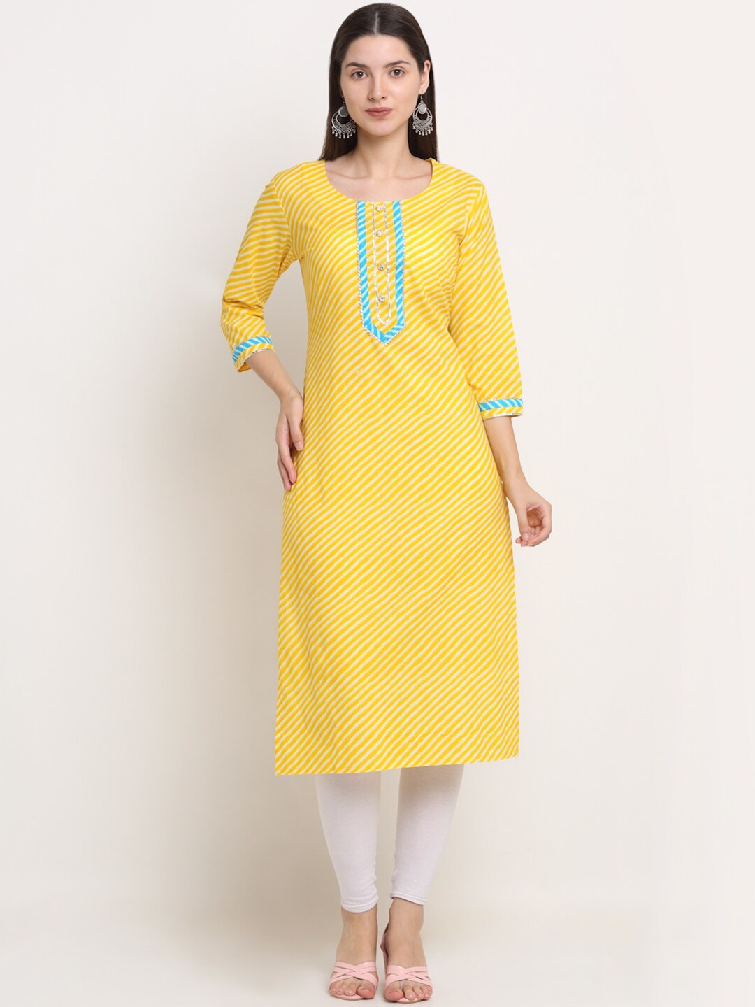 

KALINI Women Yellow Leheriya Cotton Kurta