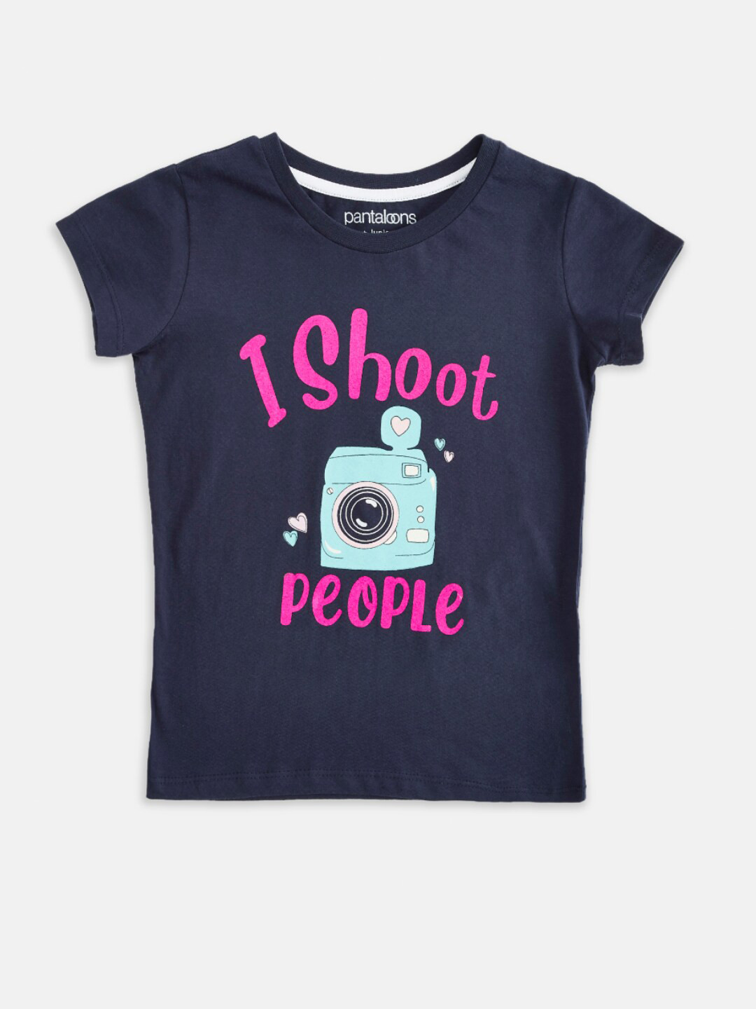 

Pantaloons Junior Girls Navy Blue & Pink Typography Printed Cotton T-shirt