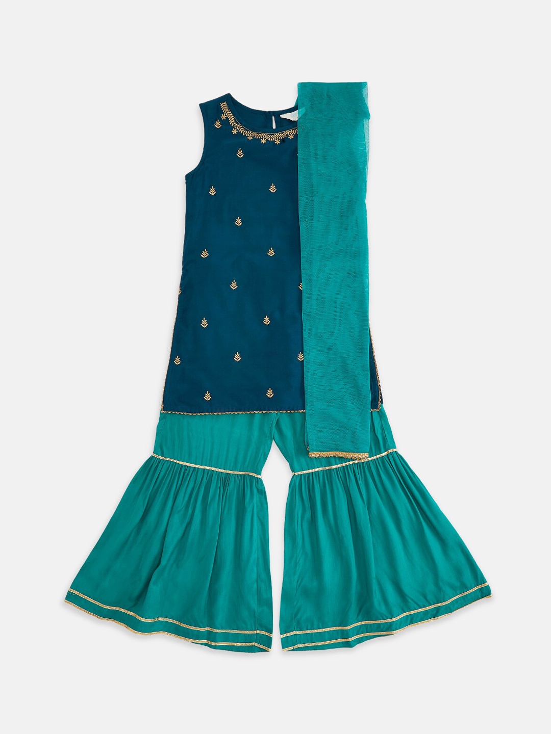 

AKKRITI BY PANTALOONS Girls Teal Ethnic Motifs Embroidered Kurta with Sharara & Dupatta