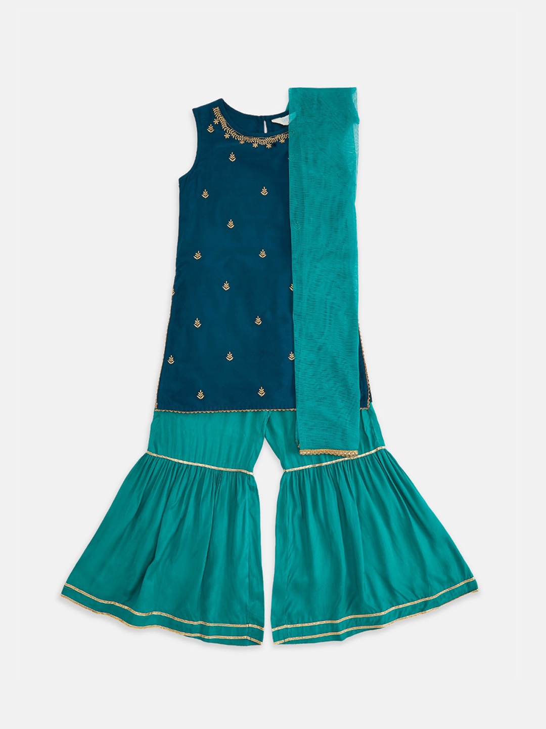 

AKKRITI BY PANTALOONS Girls Teal Ethnic Motifs Embroidered Kurti with Sharara & With Dupatta