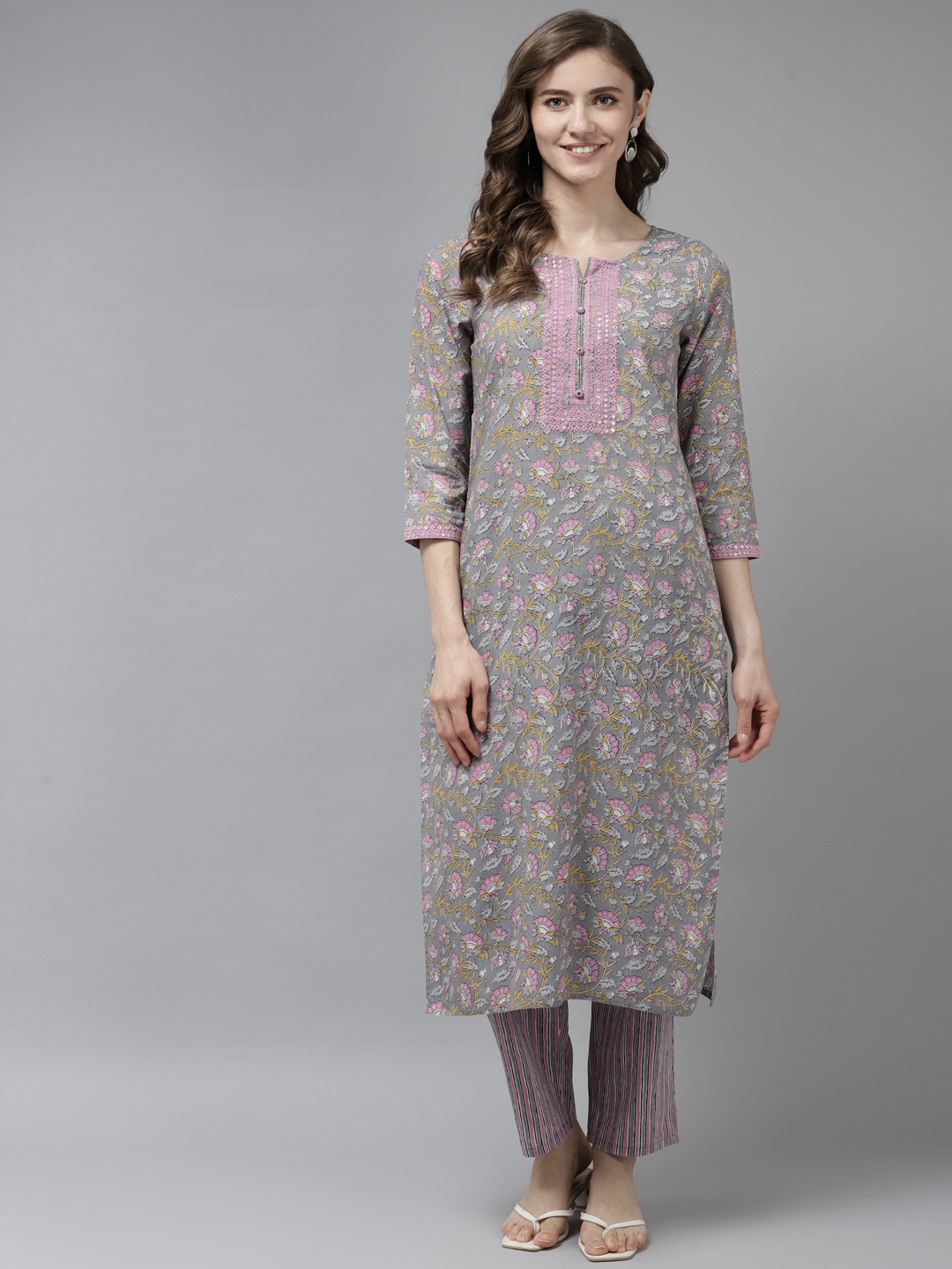 

Prakrti Women Grey & Pink Ethnic Printed Mirror Work Pure Cotton Kurta with Trousers