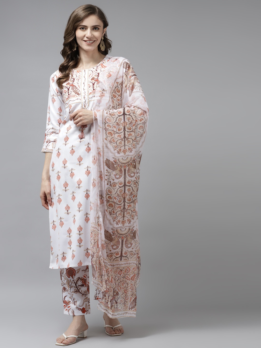 

Prakrti Women White & Brown Kalamkari Printed Kurta with Trousers & Dupatta