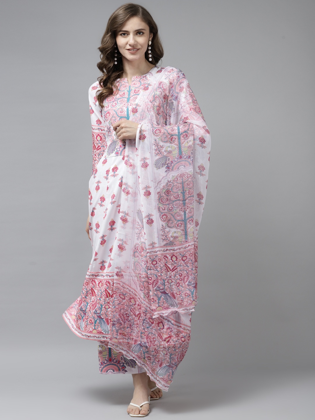 

Prakrti Women White & Pink Kalamkari Printed Kurta with Trousers & Dupatta