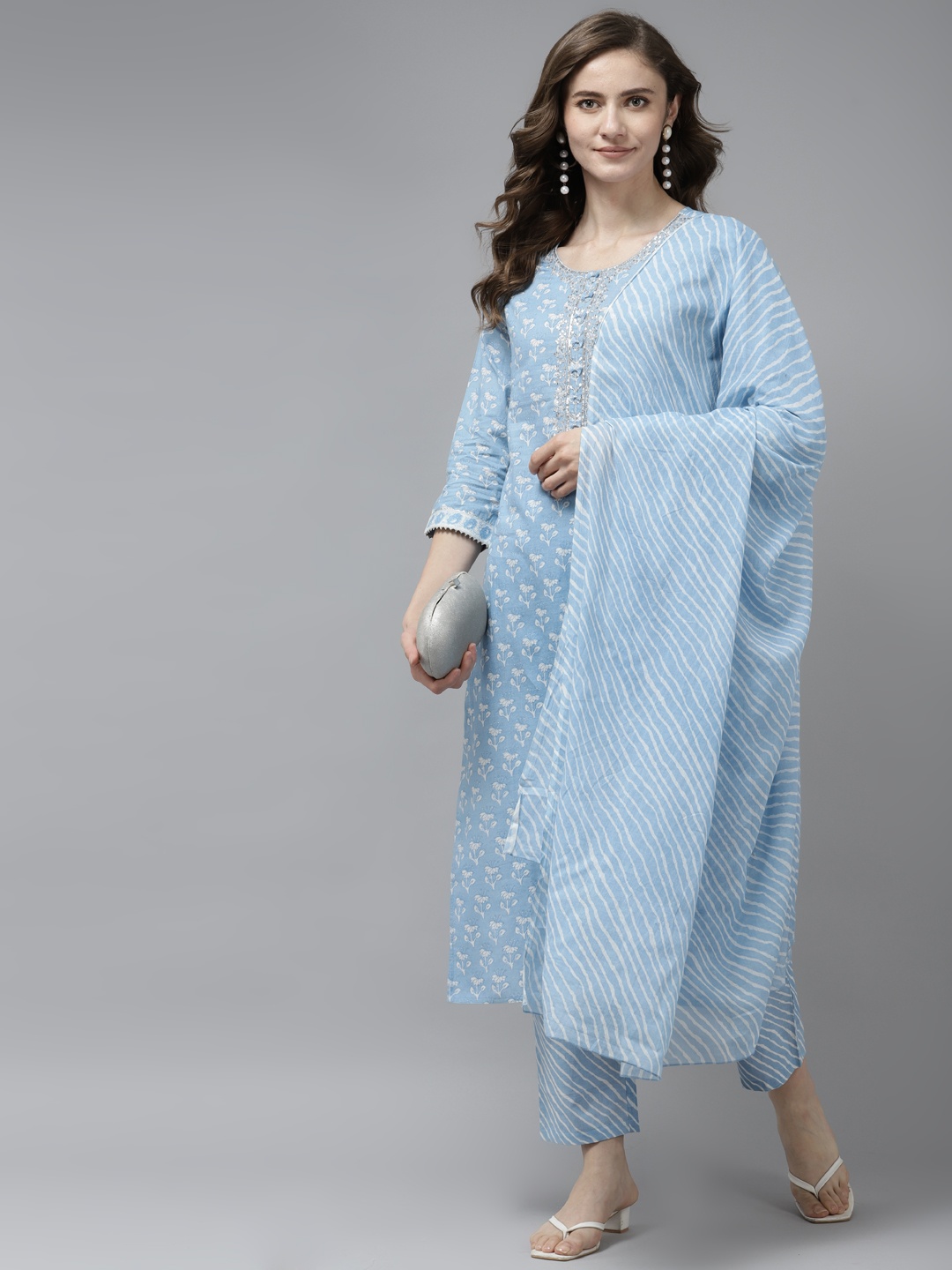 

Prakrti Women Blue Ethnic Motifs Printed Pure Cotton Kurta with Trousers & Dupatta