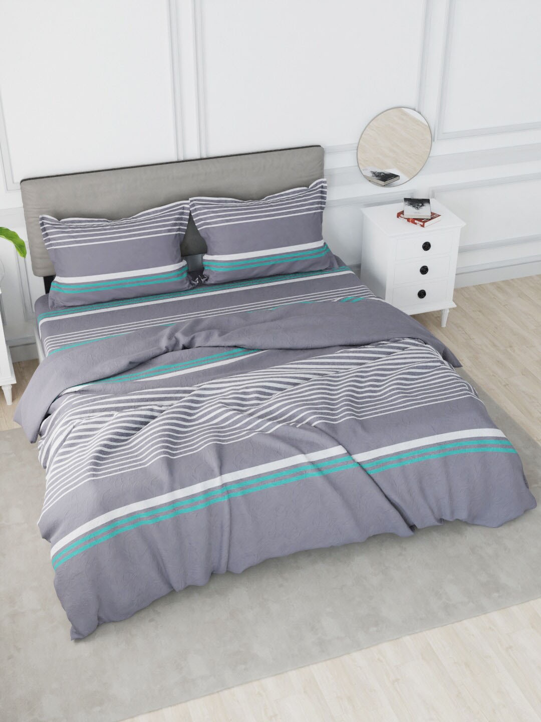

Nautica Grey & Blue Striped Pure Cotton Double King Bedding Set