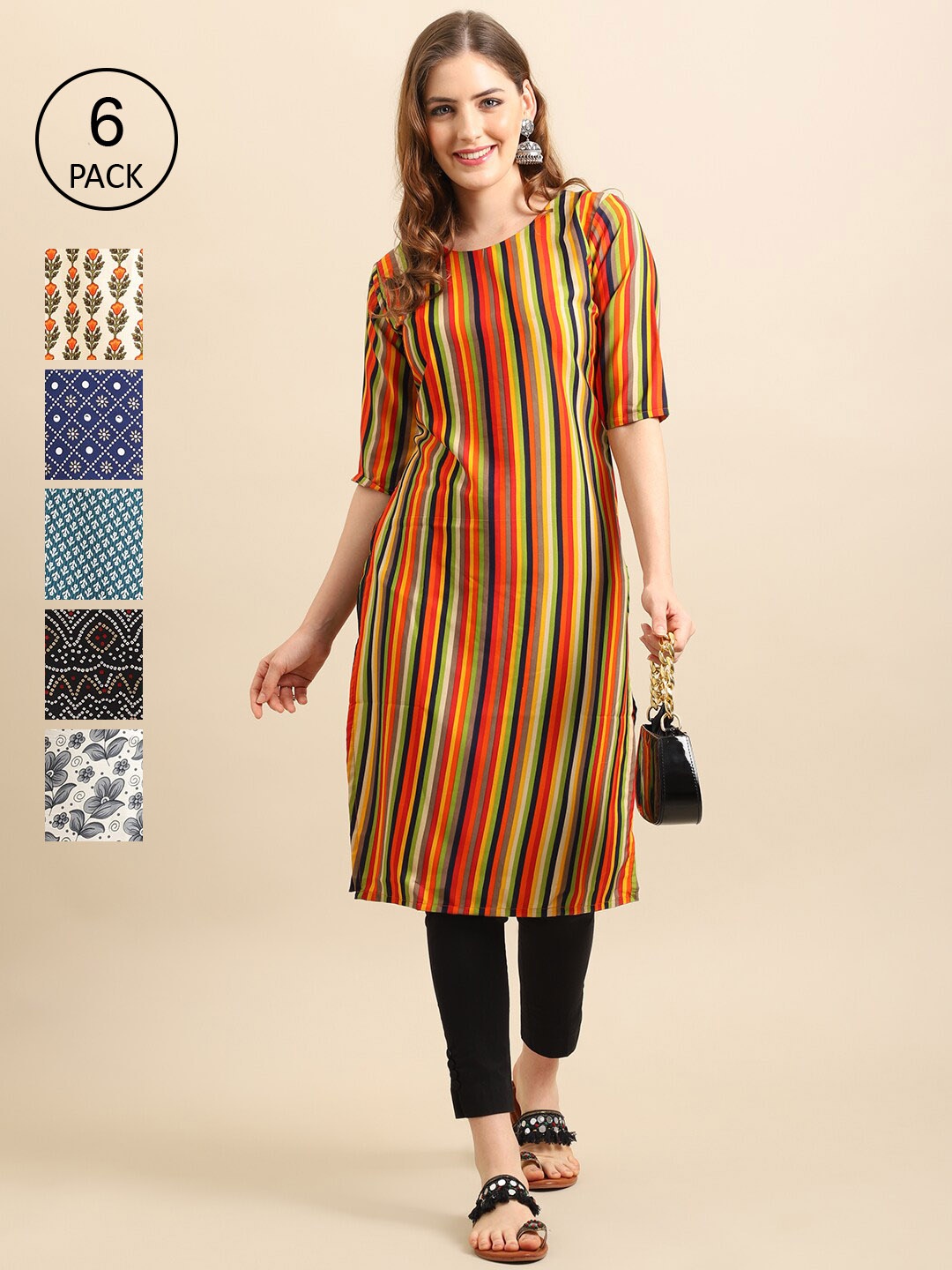 

7Threads Women Multicoloured 6 Geometric Printed Crepe Kurta, Multi