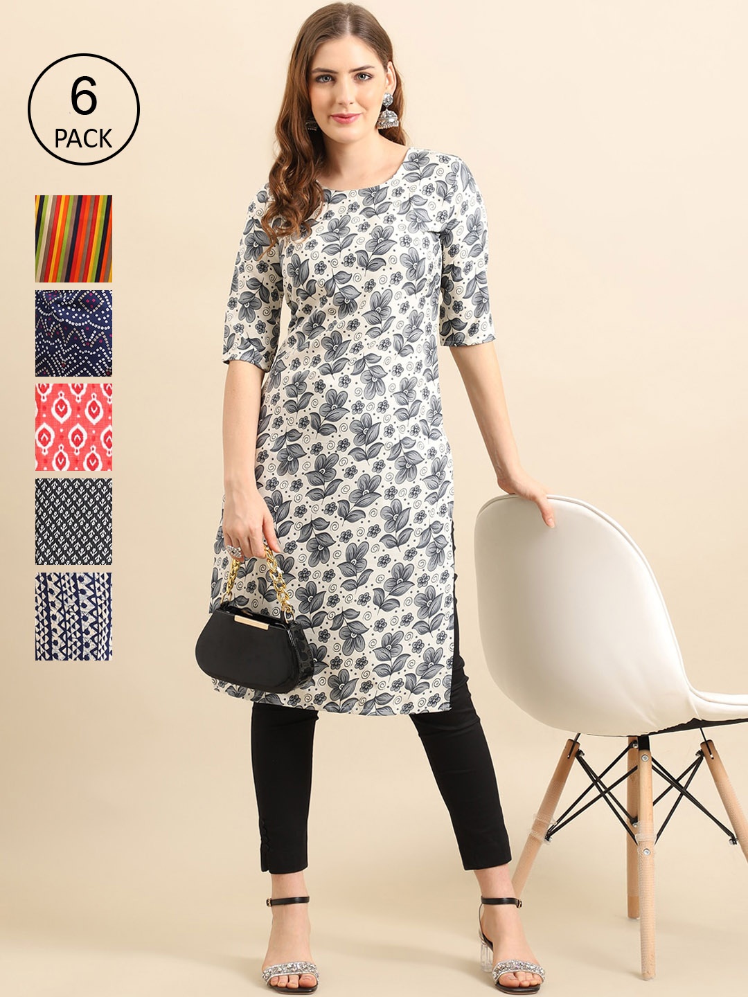 

7Threads Women Pack of 6 Block Printed Crepe Kurtas, Grey