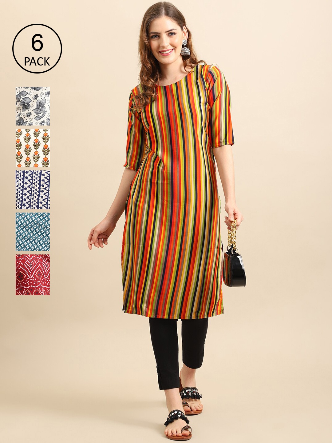 

7Threads Women Pack Of 6 Multicoloured Geometric Printed Crepe Kurta, Multi