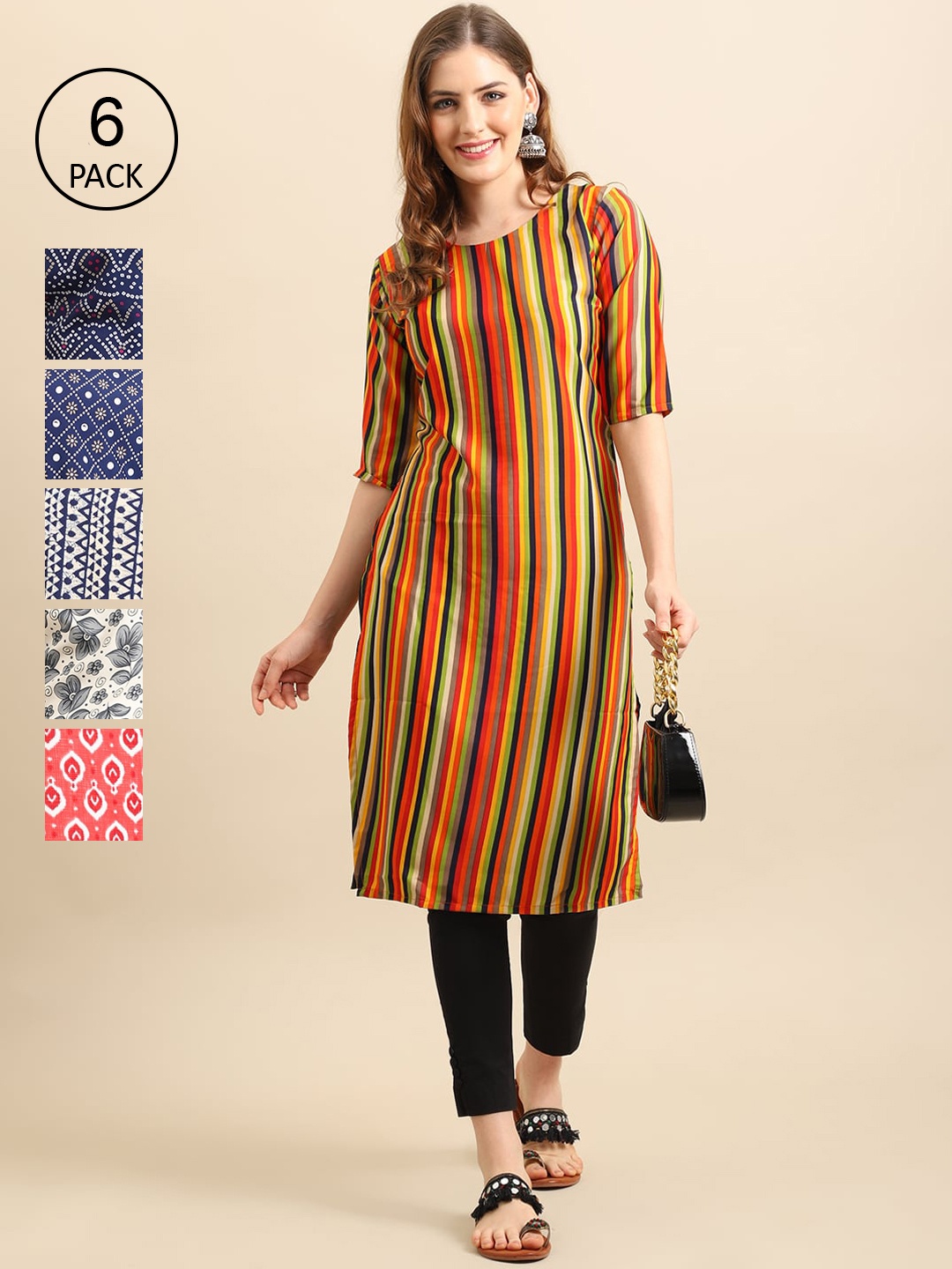 

7Threads Women Pack of 6 Printed Crepe Kurta, Yellow