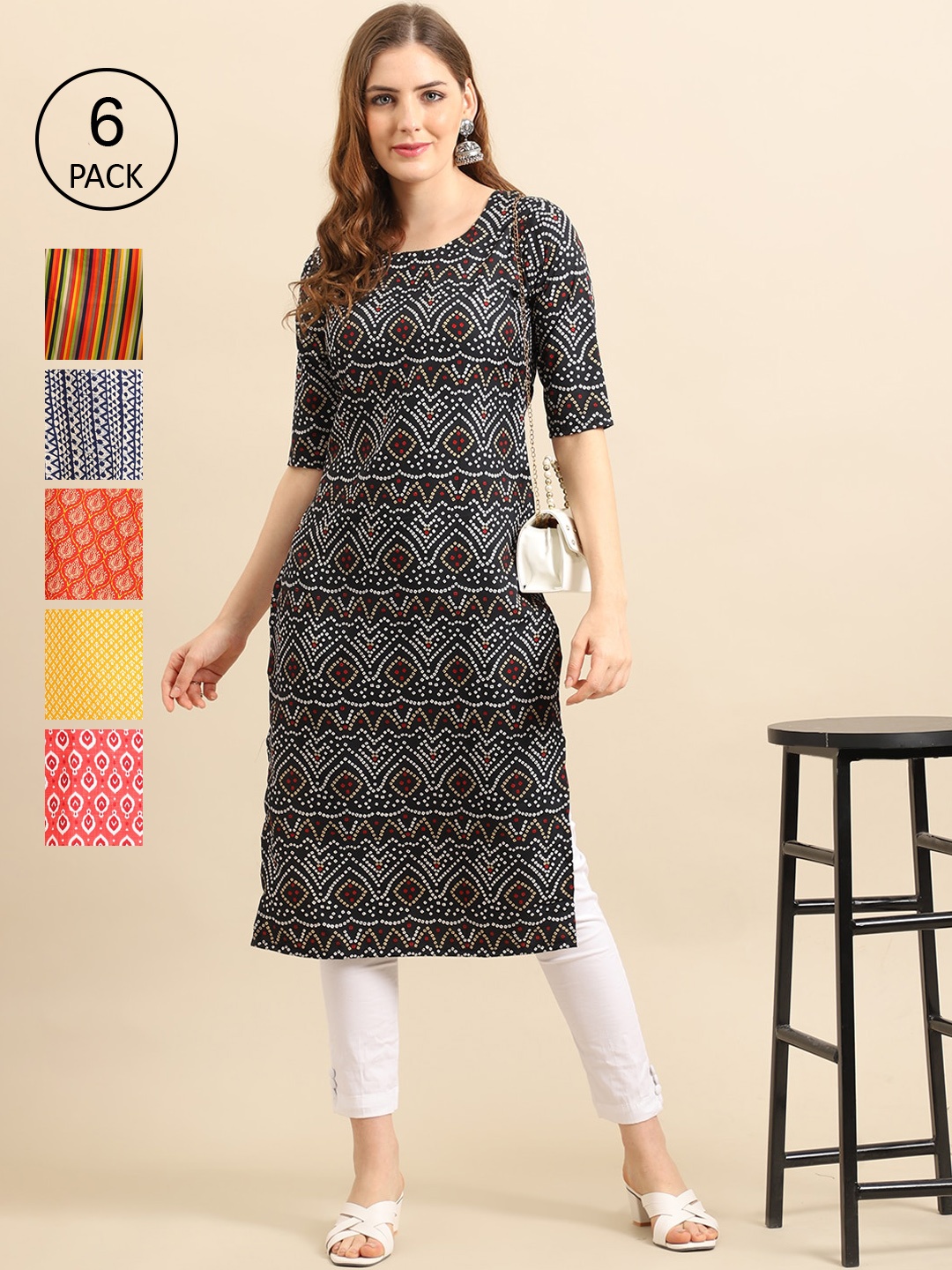 

7Threads Women Pack of 6 Flared Sleeves Block Print Crepe Kurta, Black