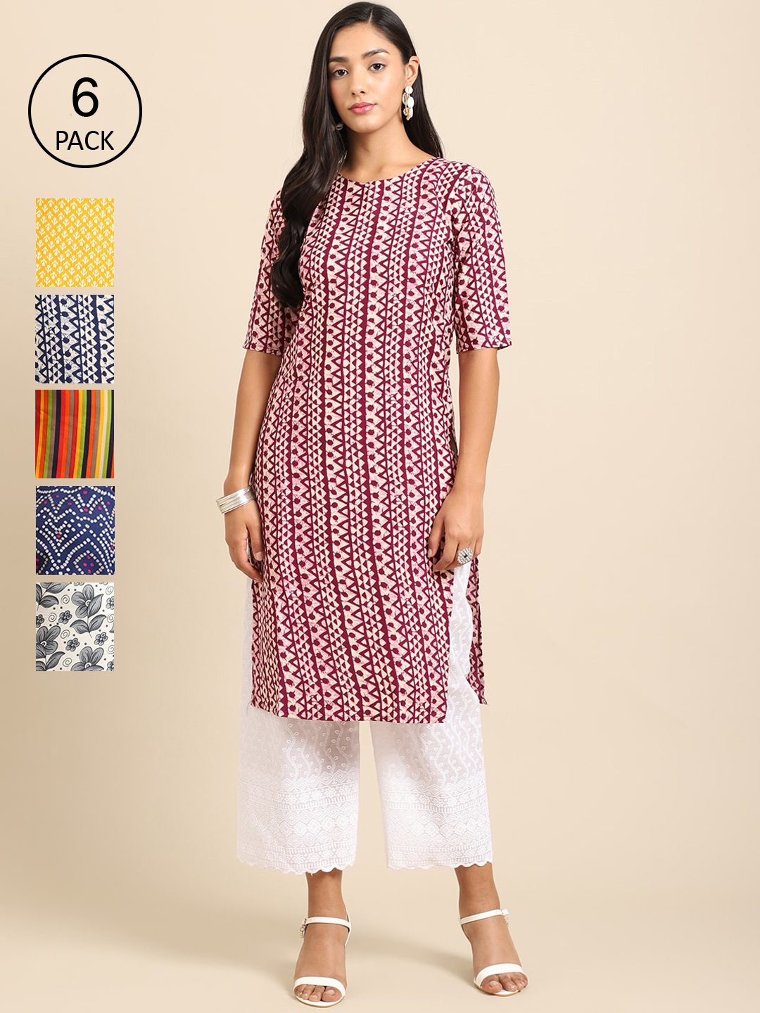 

7Threads Women Pack of 6 Block Print Crepe Kurta, Pink