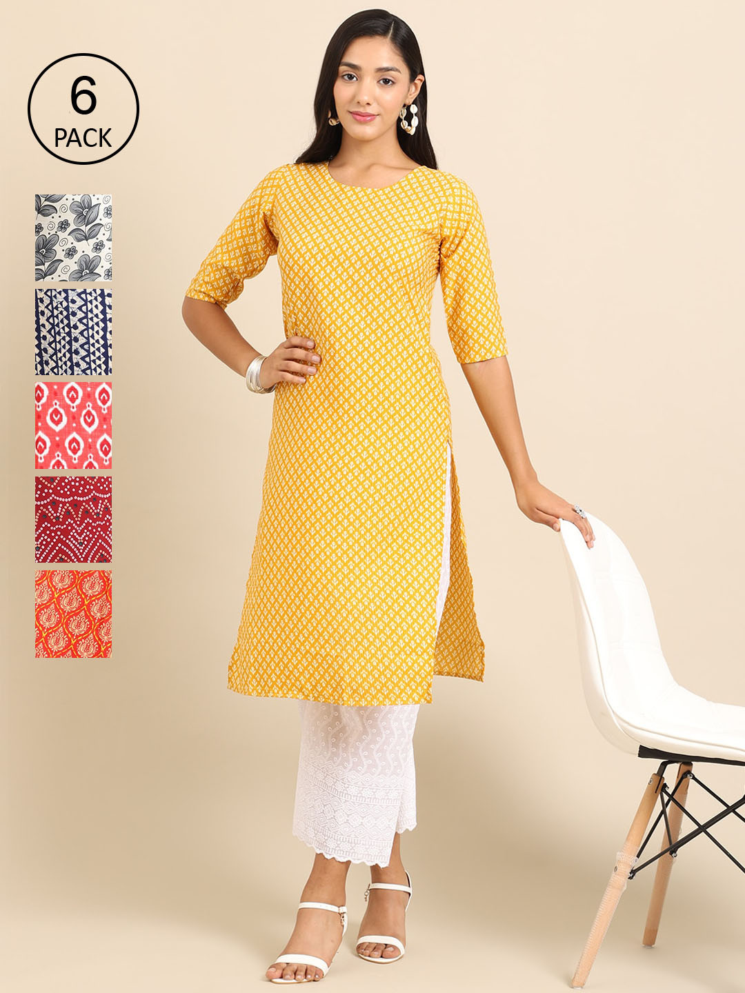 

7Threads Women Yellow Floral Printed Mirror Work Block Print Crepe Kurta