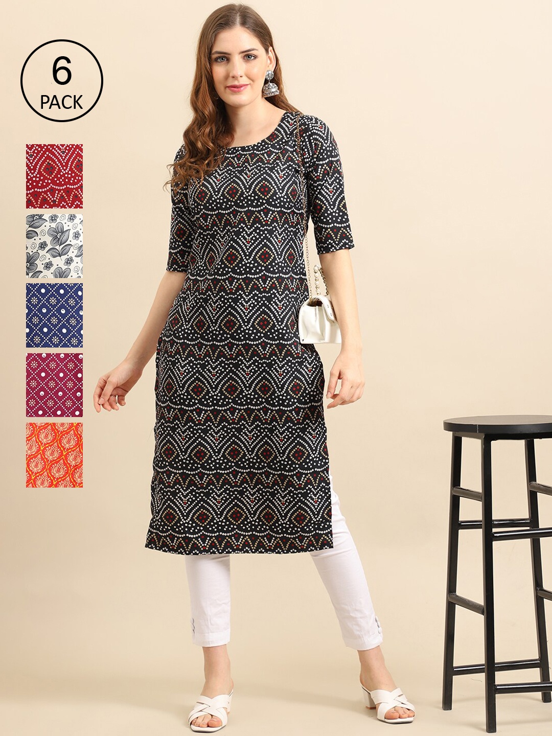 

7Threads Women Set Of 6 Black & Red Floral Printed Crepe Kurta