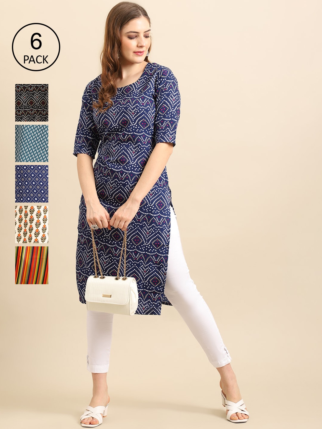 

7Threads Women Blue And Green Geometric Printed Crepe Kurta PACK OF 6