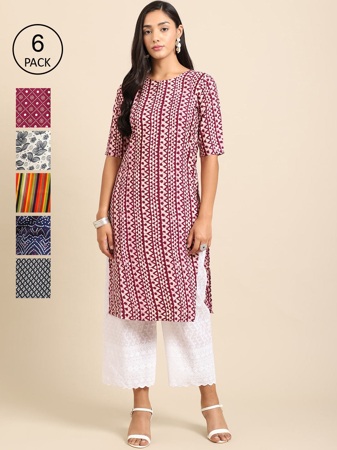 

7Threads Women Pack of 6 Printed Crepe Kurtas, Pink