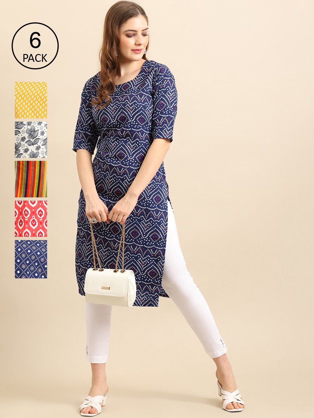 

7Threads Women Pack of 6 Blue & Off White Geometric Printed Block Print Crepe Kurta