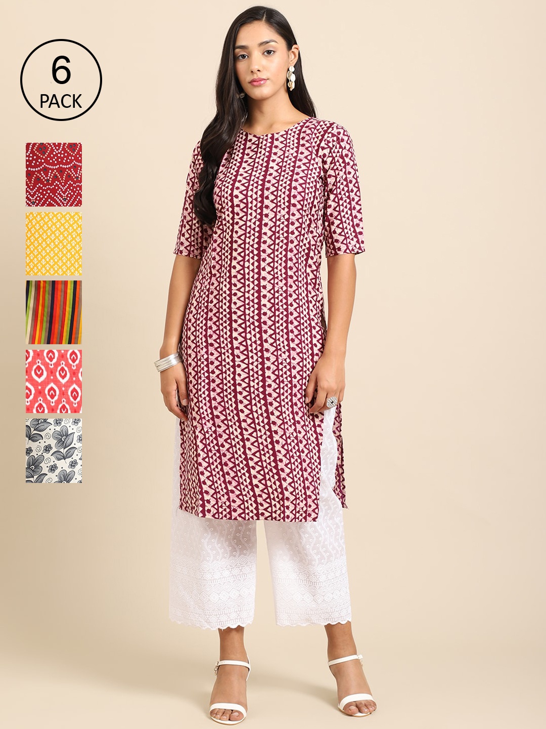 

7Threads Women Pack of 6 Geometric Printed Crepe Kurta, Multi