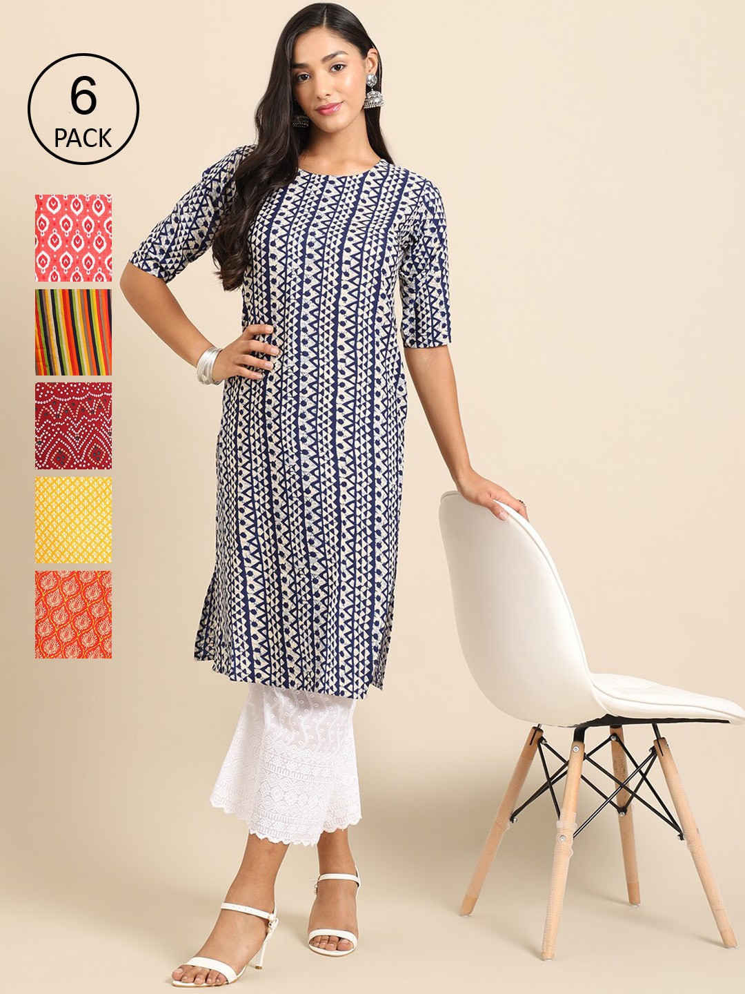 

7Threads Women Yellow & Orange Pack Of 6 Geometric Printed Block Print Crepe Kurta