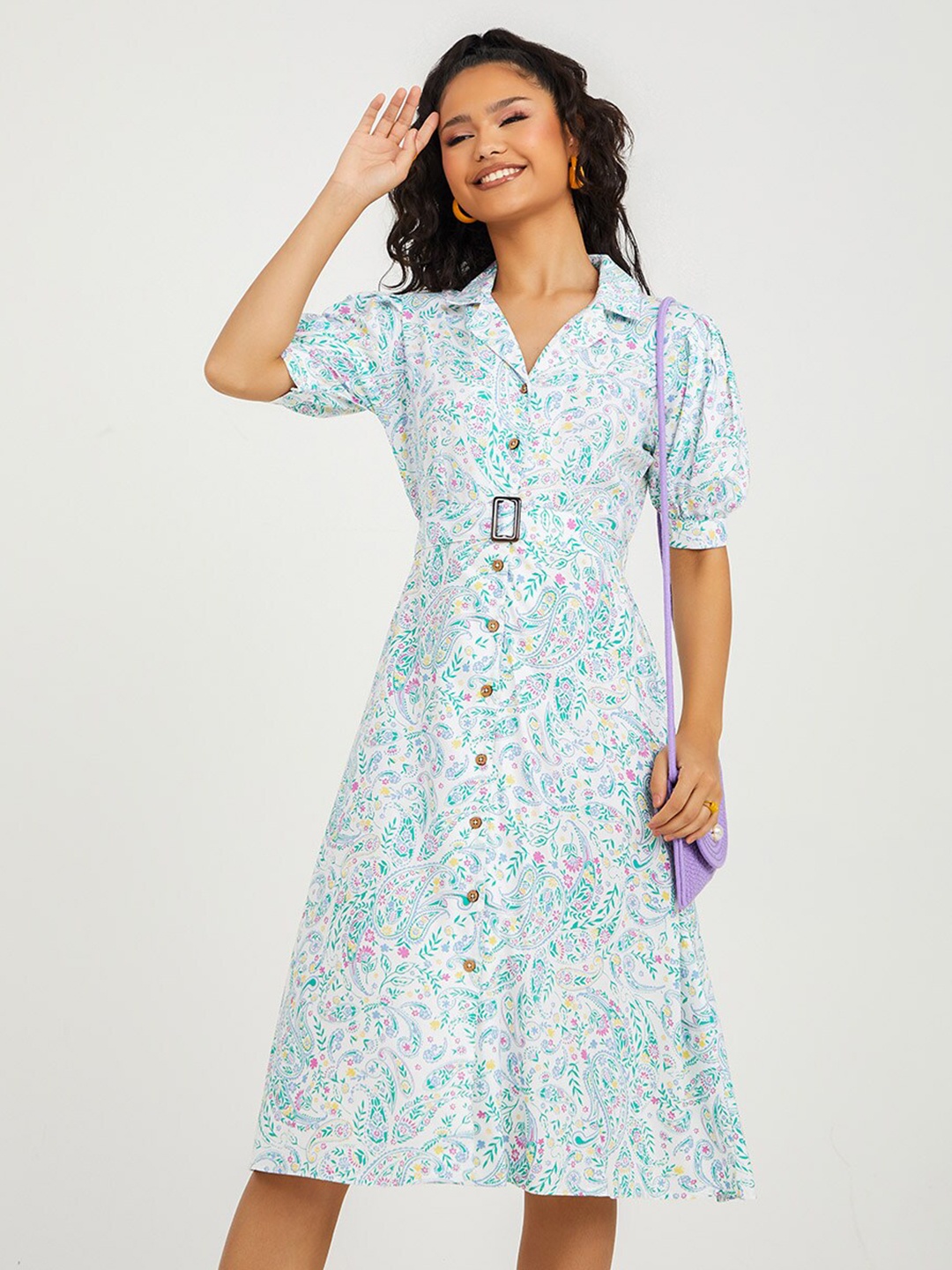 

Styli Women Off White & Blue Paisley Print Puff Sleeves Shirt Midi Dress with Belt