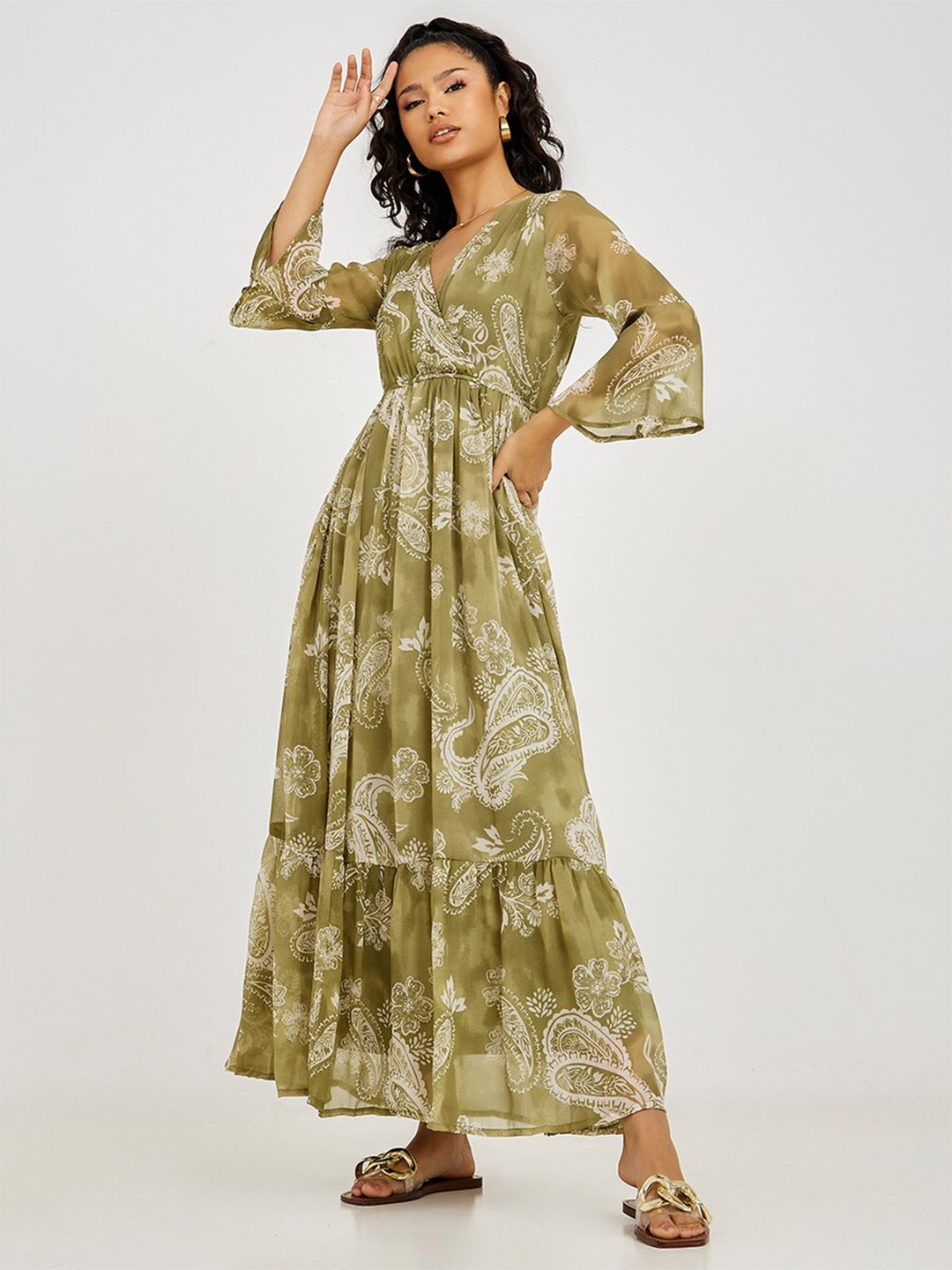 

Styli Women Olive Green Paisley Print Flute Sleeves A-Line Maxi Dress