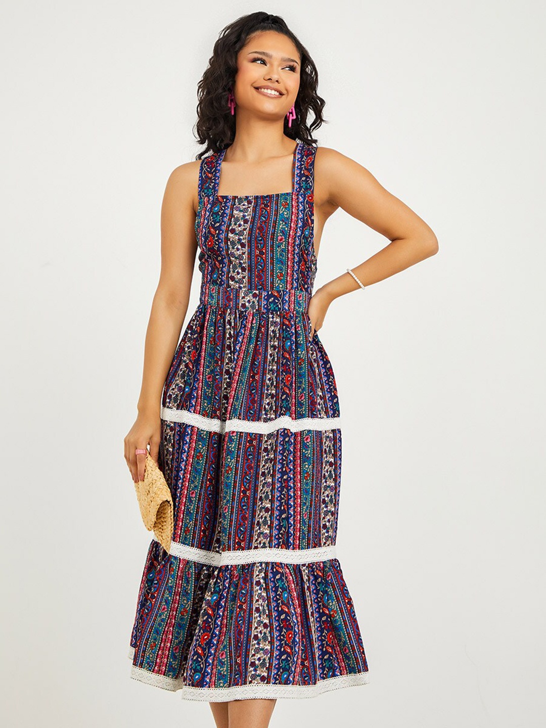 

Styli Women Multicoloured Cross-Back Detail Bohemian Print A-Line Midi Dress, Multi
