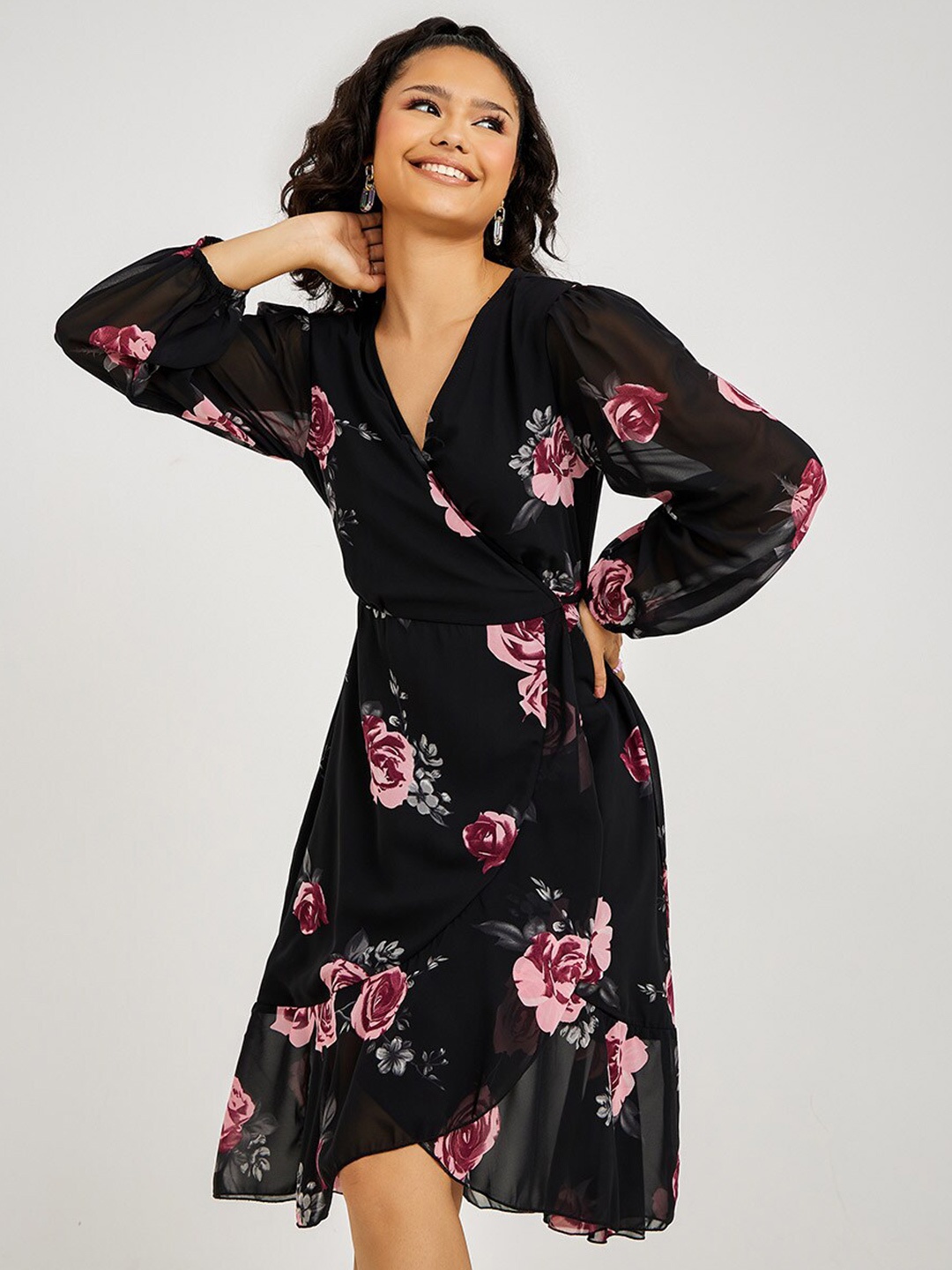 

Styli Black & Pink Floral Print Balloon Sleeves Wrap Midi Dress