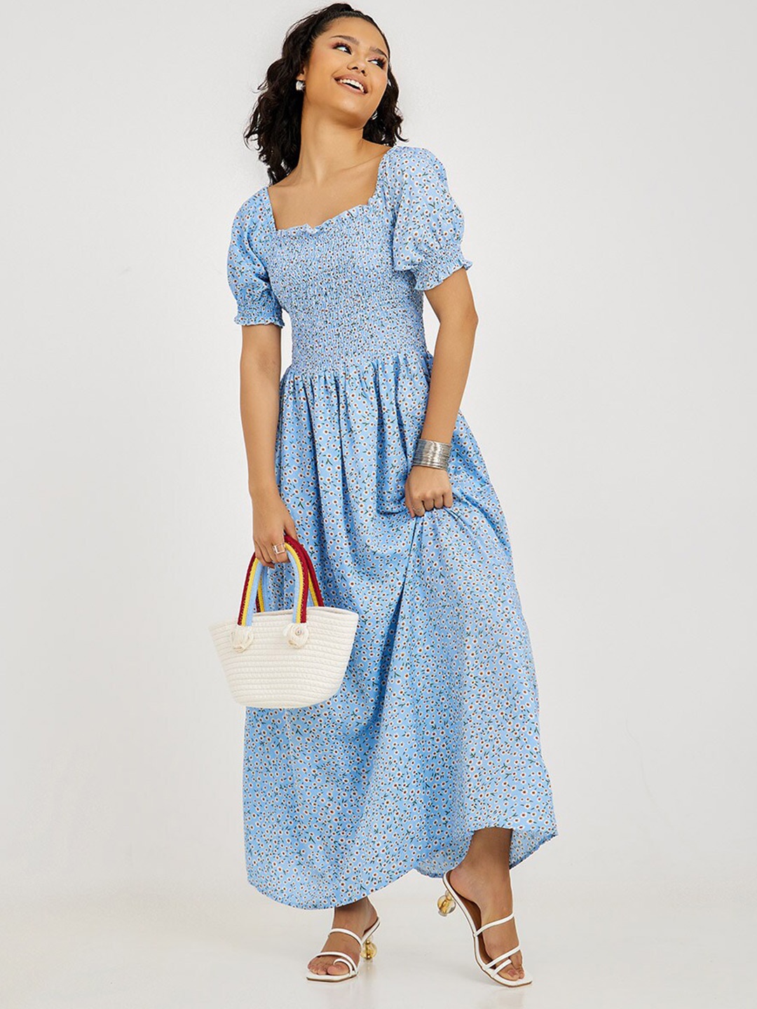 

Styli Blue & Green Puff Sleeves Floral Print A-Line Maxi Dress