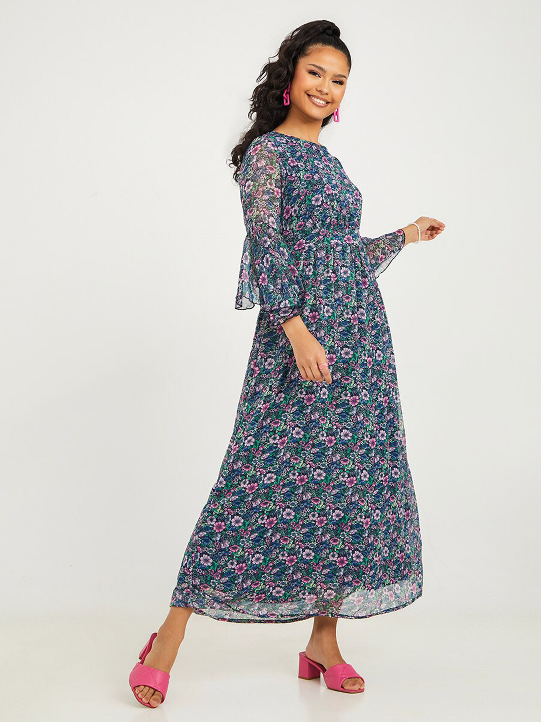 

Styli Navy Blue & Pink Floral Print Bell Sleeves Gathered Waist Detail Maxi Dress