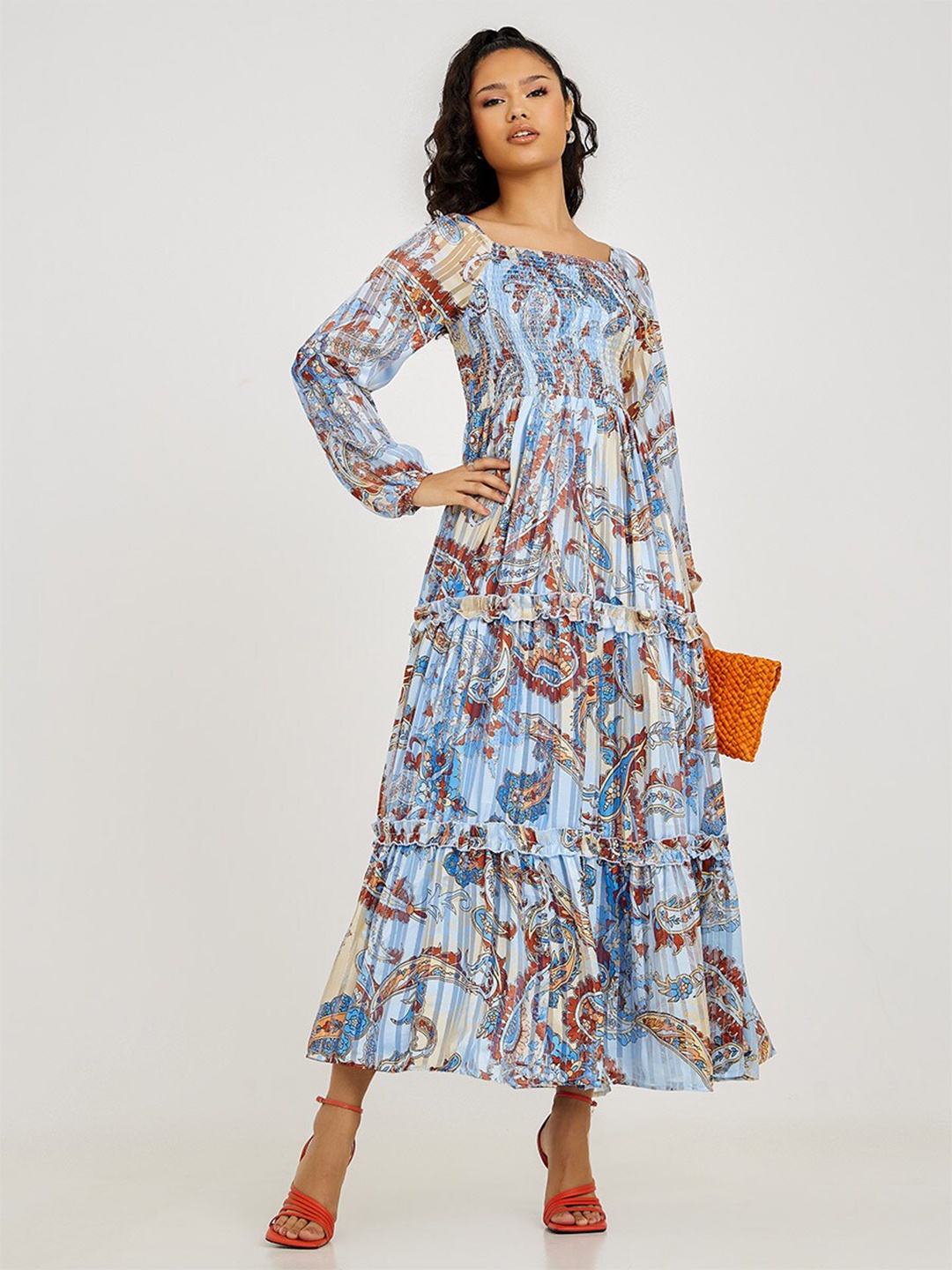 

Styli Blue Long Sleeves Paisley Print A-Line Maxi Dress with Ruffle Detail