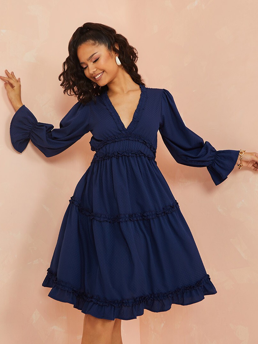 

Styli Women Navy Blue Volume Sleeves Dobby Knee Length Dress with Ruffle Detail