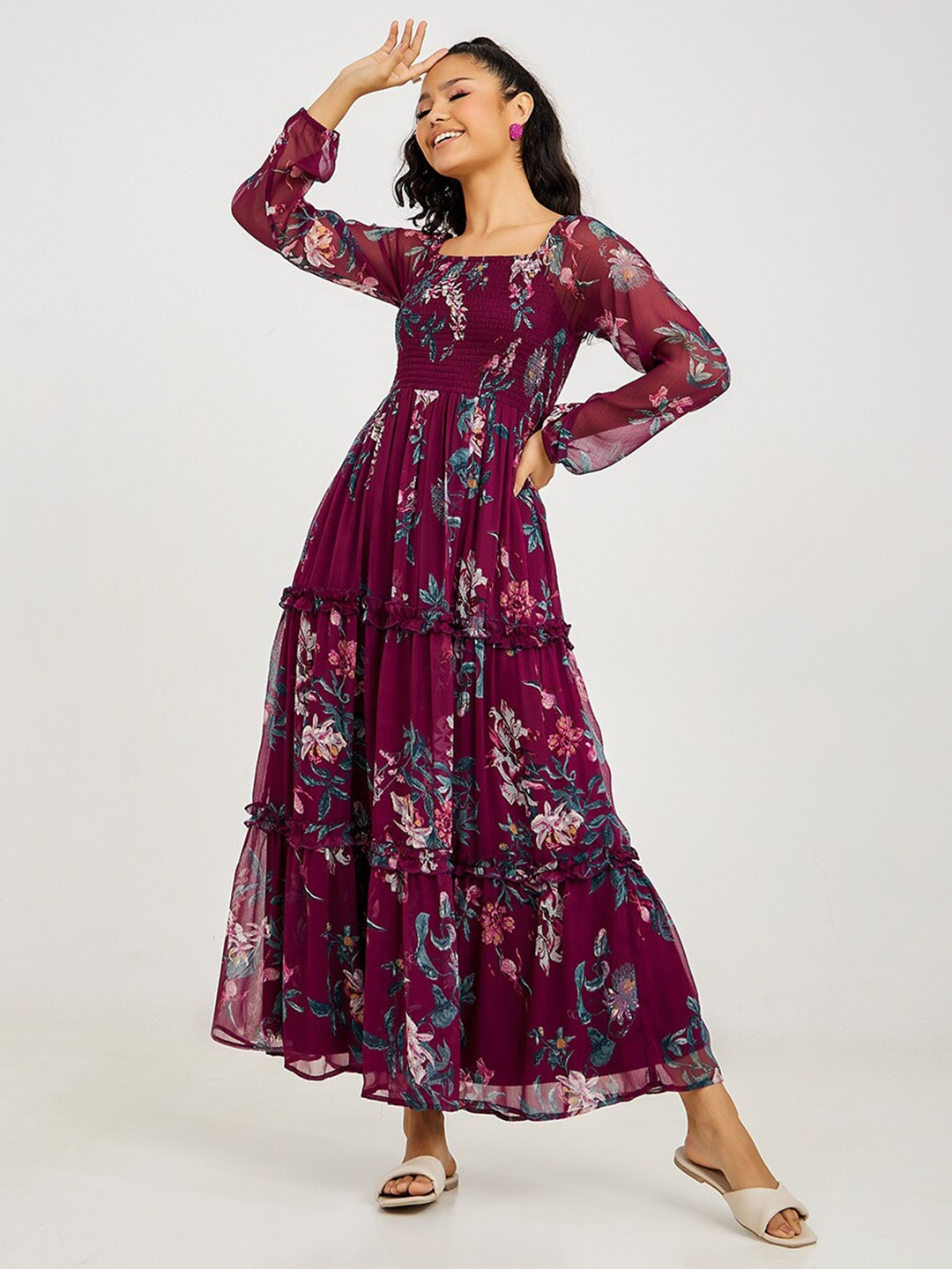 

Styli Burgundy Long Sleeves Floral Print A-Line Maxi Dress with Ruffle Detail