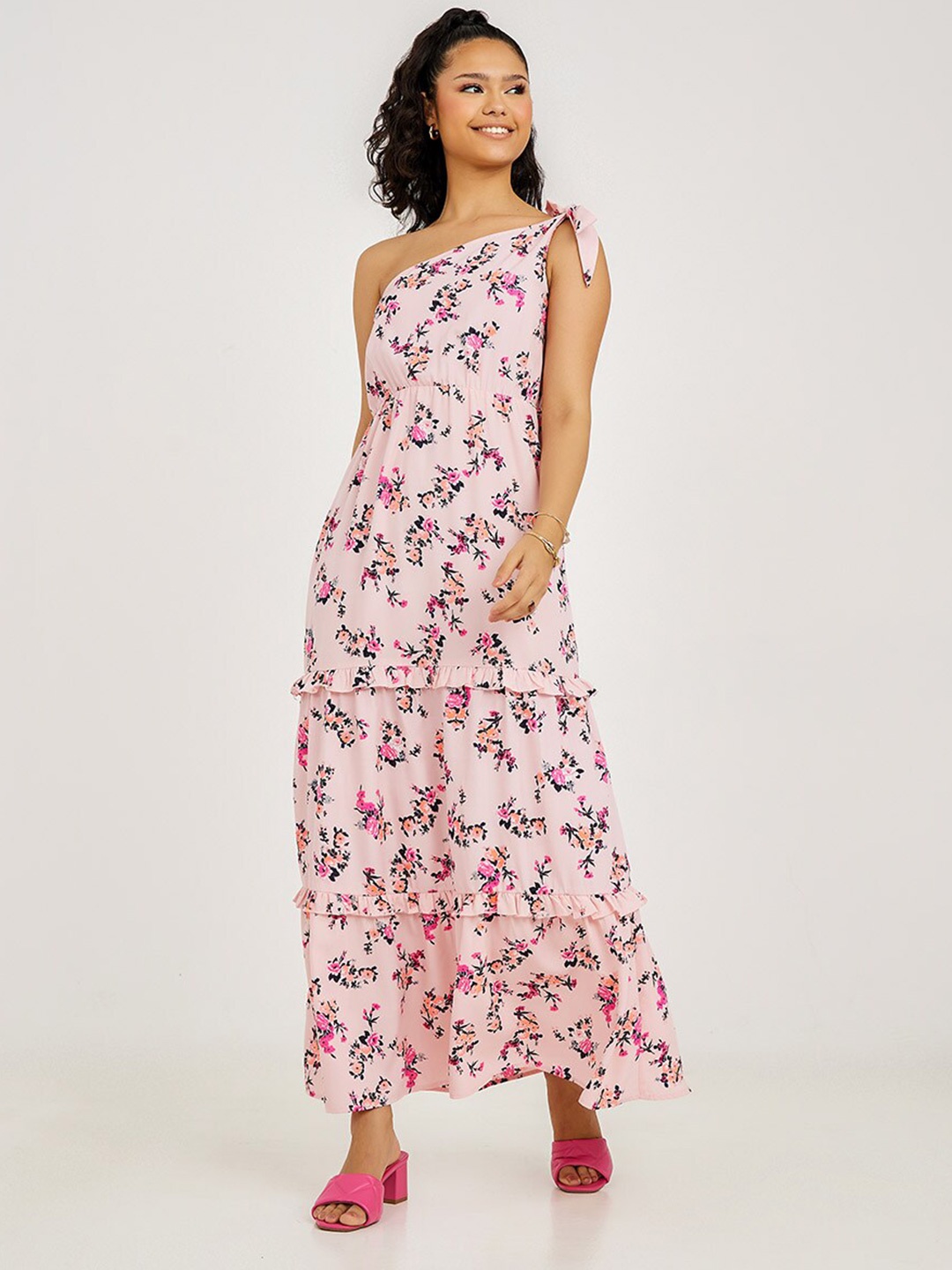 

Styli Pink One Shoulder Neck Floral Print A-Line Maxi Dress