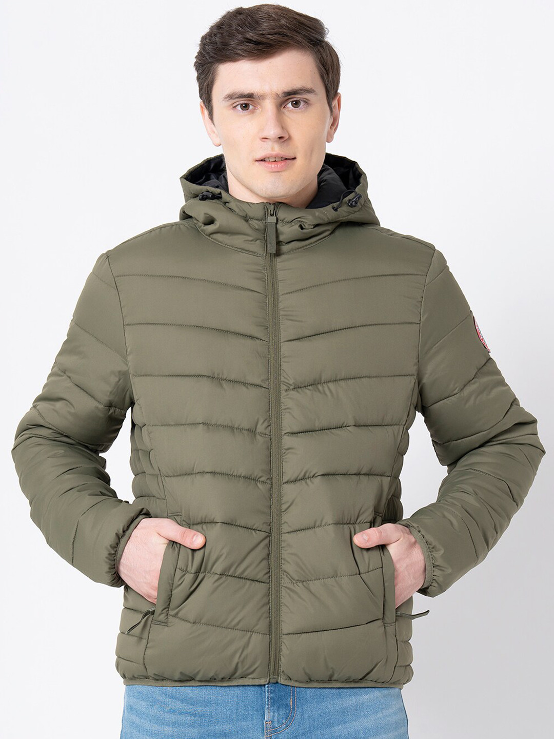 

Red Tape Men Olive Green Solid Padded Hooded Jacket
