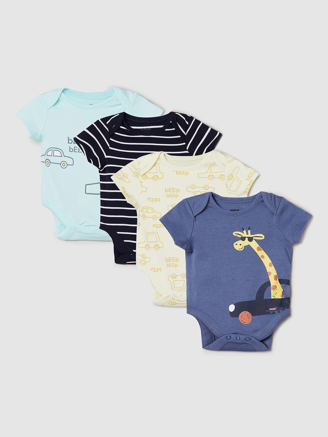 

max Pack Of 4 Infants Boys Printed Pure Cotton Bodysuit, Black
