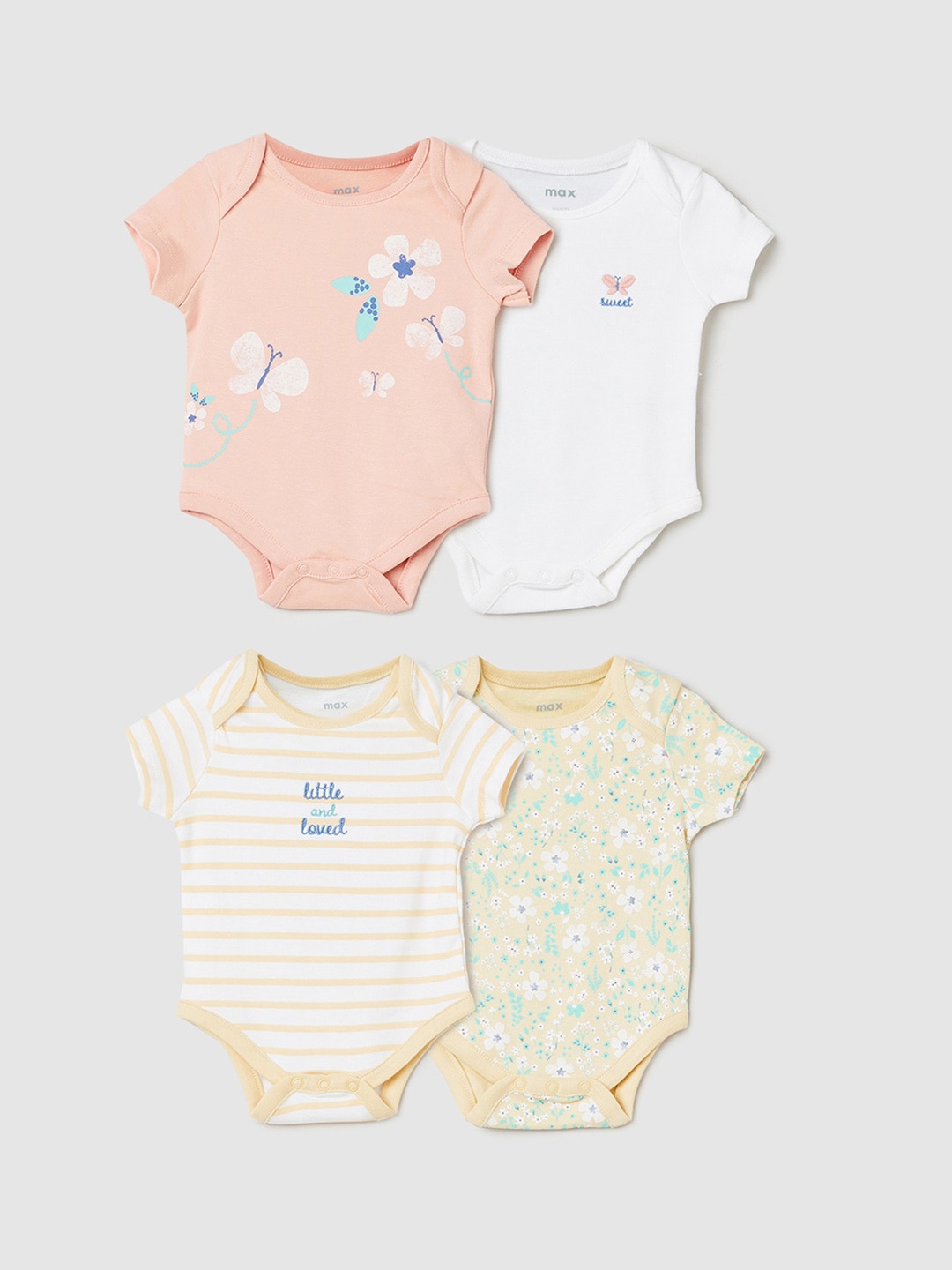 

max Infant GirlsCoral And White Pack Of 4 Printed Pure Cotton Bodysuit, Peach