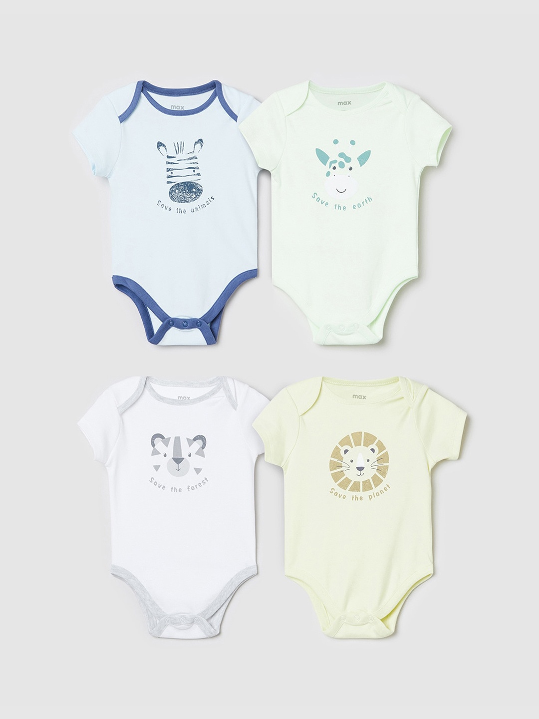 

Max Boys Pack Of 4 Printed Pure Cotton Bodysuit, Blue