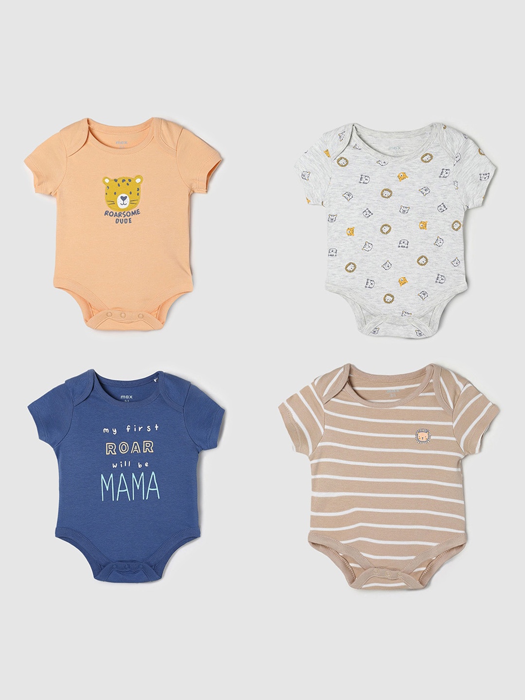 

max Infants Boys Pack Of 4 Printed Pure Cotton Bodysuit, Navy blue