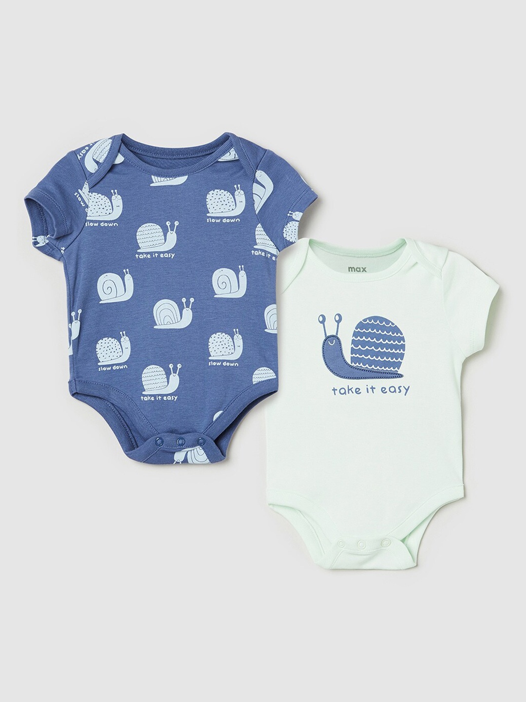 

max Boys Pack Of 2 Printed Pure Cotton Bodysuits, Blue