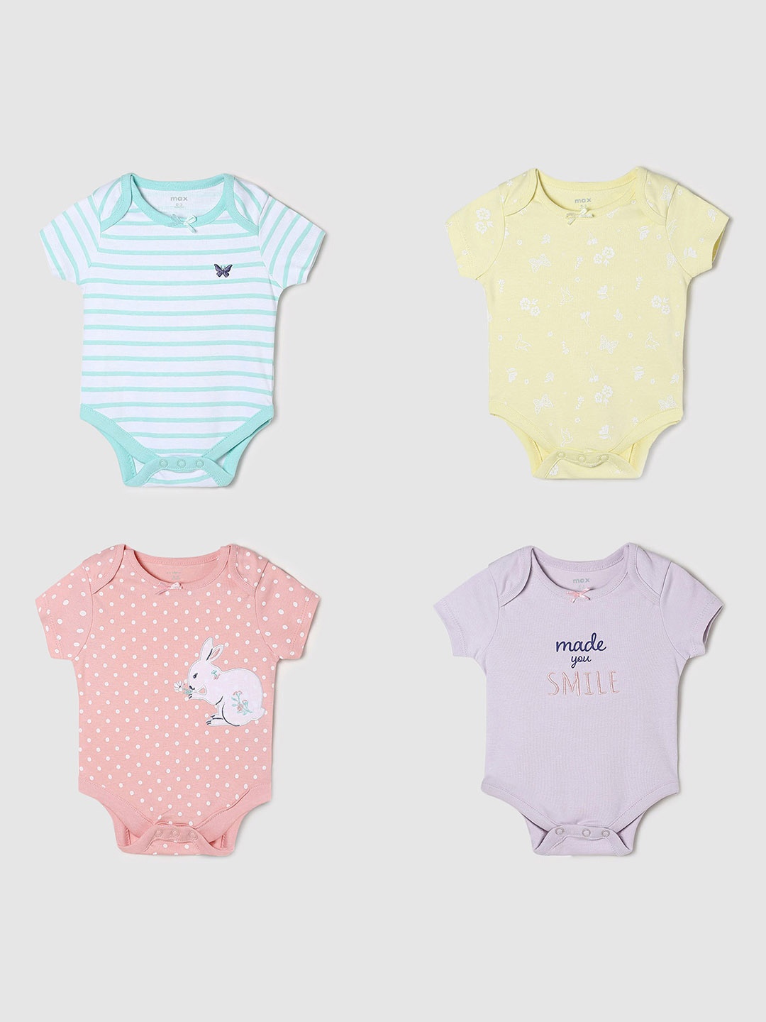 

max Infants Girls Pack Of 4 Printed Pure Cotton Bodysuit, Yellow