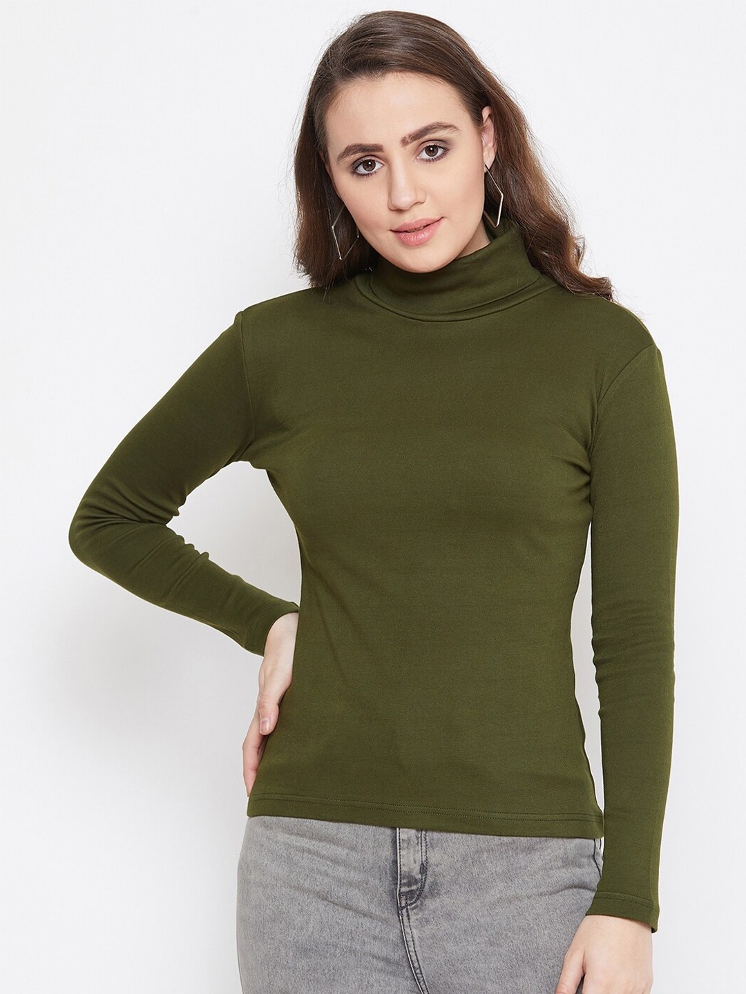 

Hypernation Women Olive Green High Neck Slim Fit T-shirt