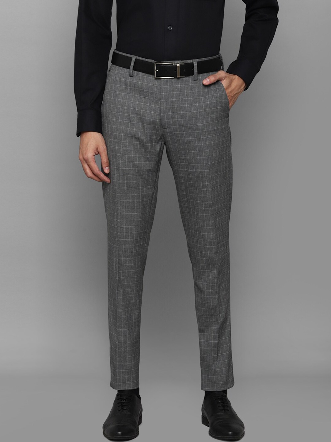 

Louis Philippe Men Grey Checked Slim Fit Trousers