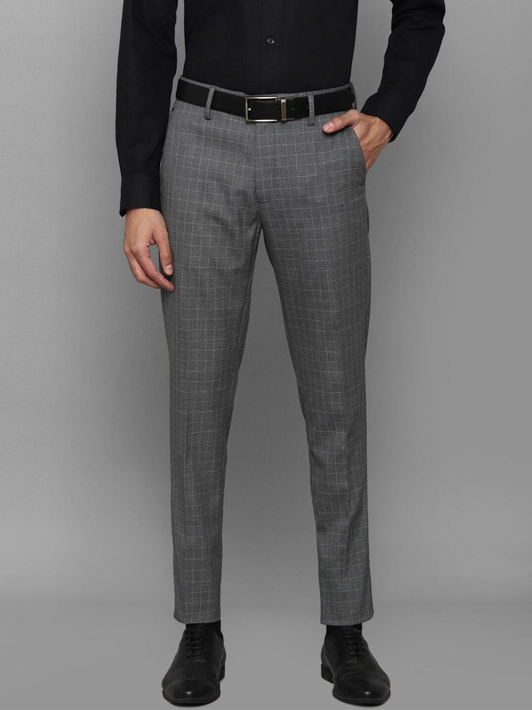 

Louis Philippe Men Grey Checked Slim Fit Trousers