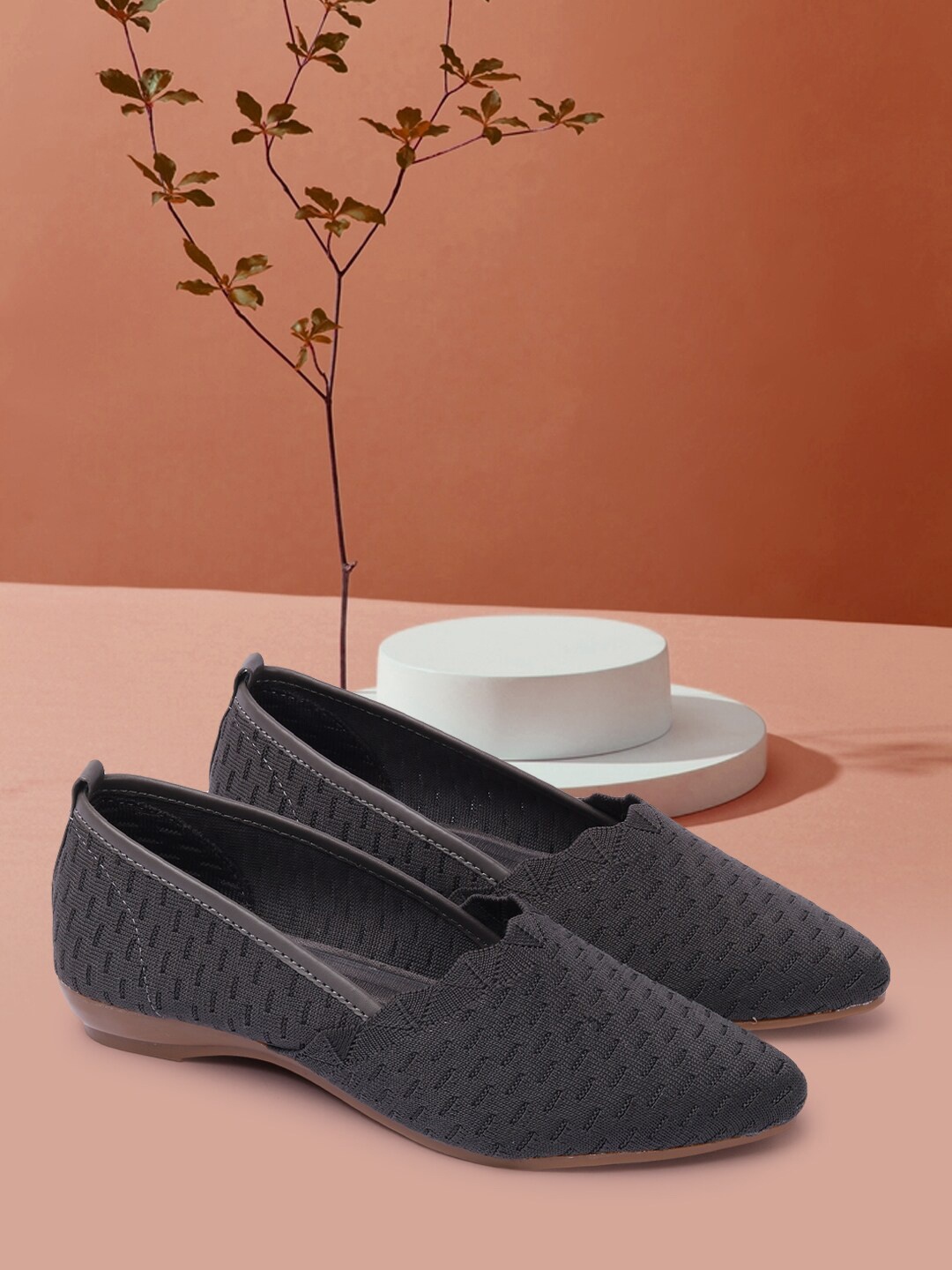 

RINDAS Women Grey Textured Synthetic Slip-On Ballerinas