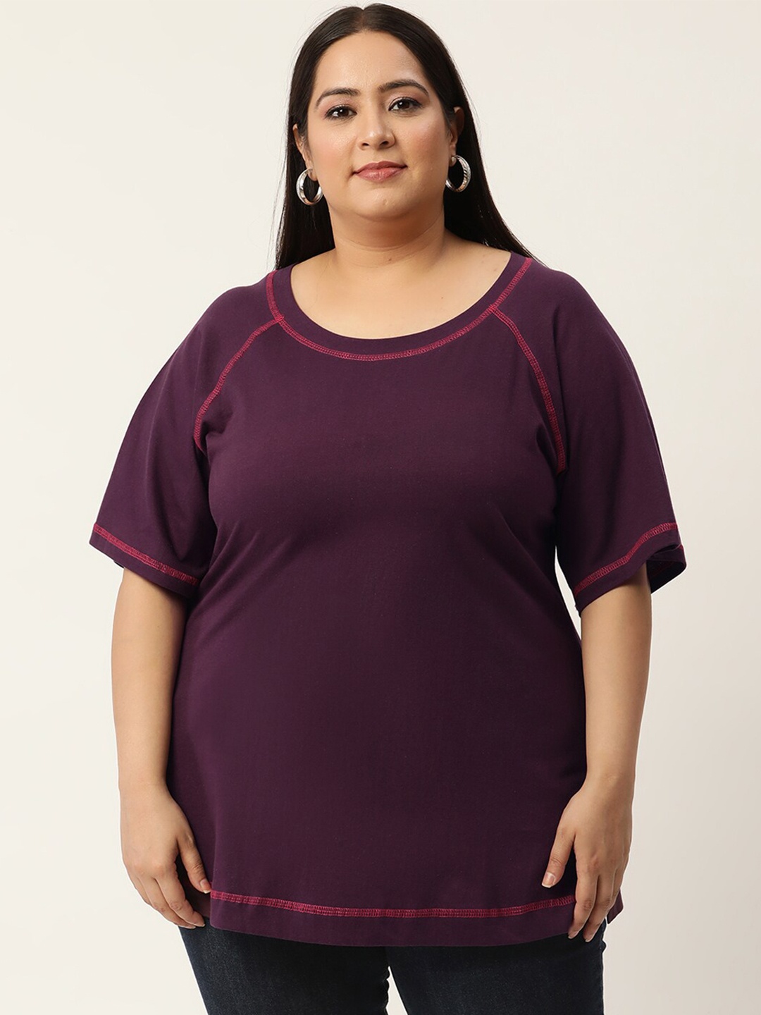 

theRebelinme Plus Size Women Purple Raglan Sleeve Cotton T-shirt