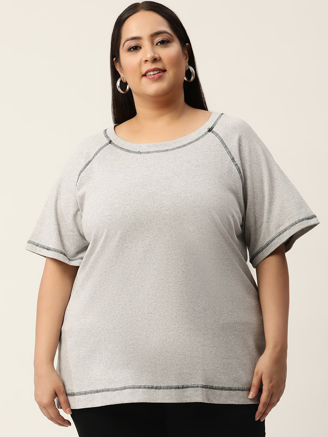 

theRebelinme Plus Size Women's Grey Solid Color Raglan Sleeve Cotton T-shirt