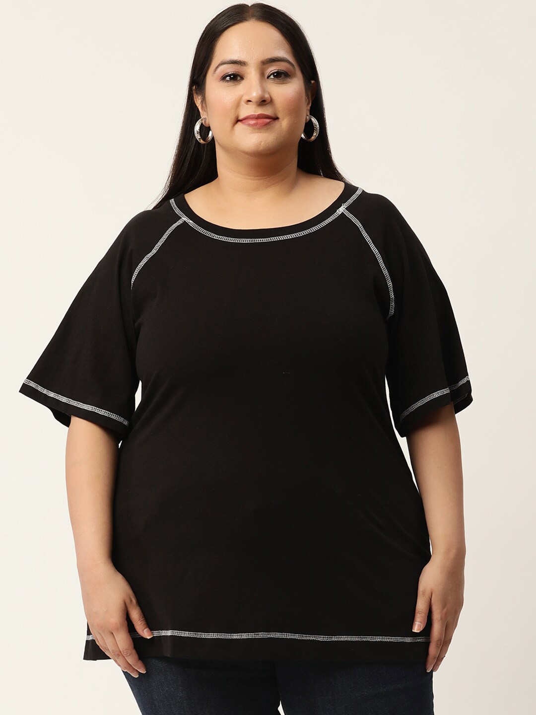 

theRebelinme Women Plus Size Black Raw Edge T-shirt