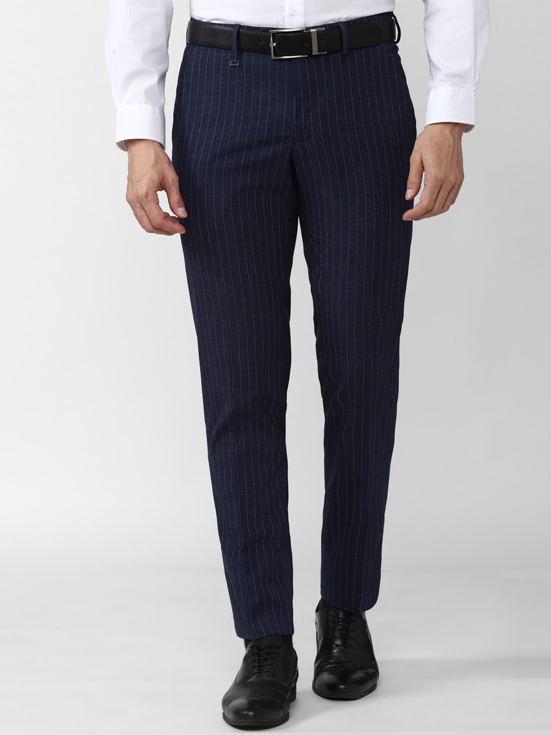 

Van Heusen Men Navy Blue Striped Slim Fit Trousers