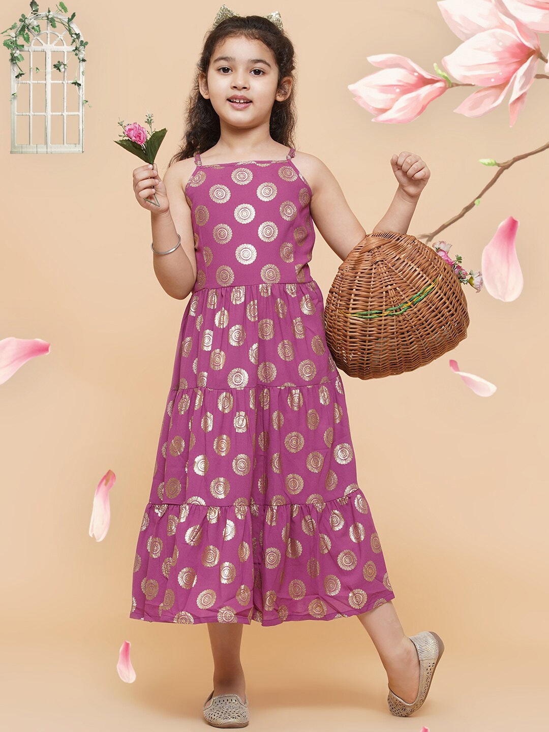 

titliyan Girls Magenta Gold Foil Printed Georgette Shoulder Straps Midi Dress